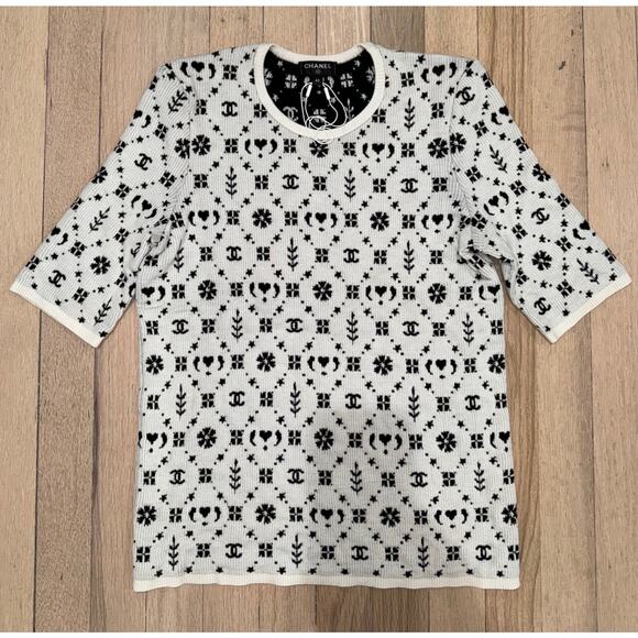 Chanel 19K Coco Neige Black White Wool CC Logo Top Short Sleeve Tee T Shirt 40 - Picture 3 of 16